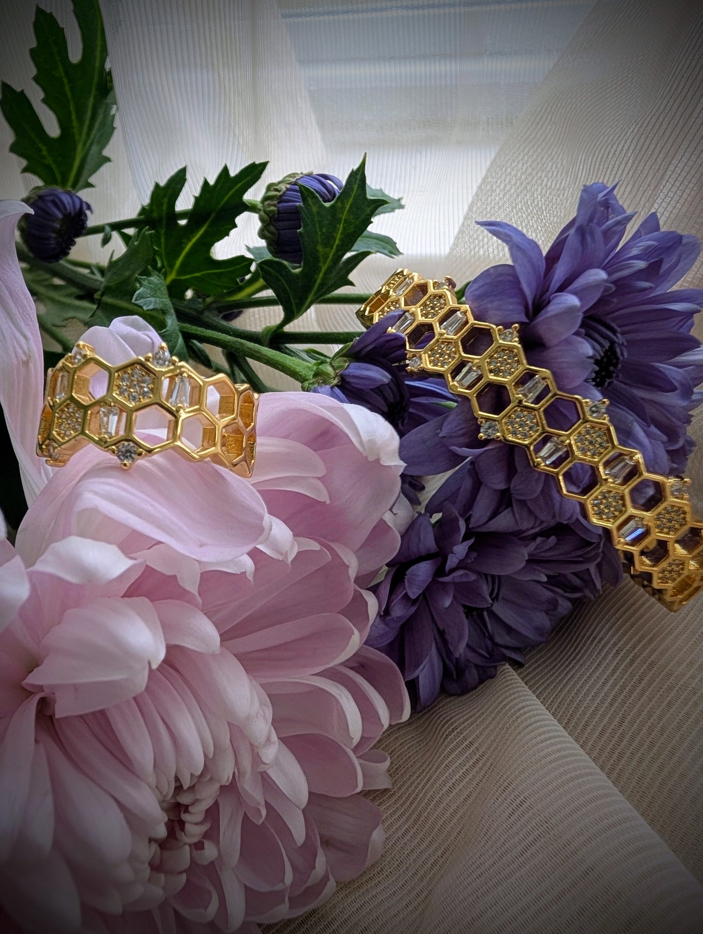 Golden Nectar – Honeycomb Bracelet & Ring Set | Solstice Bloom Collection