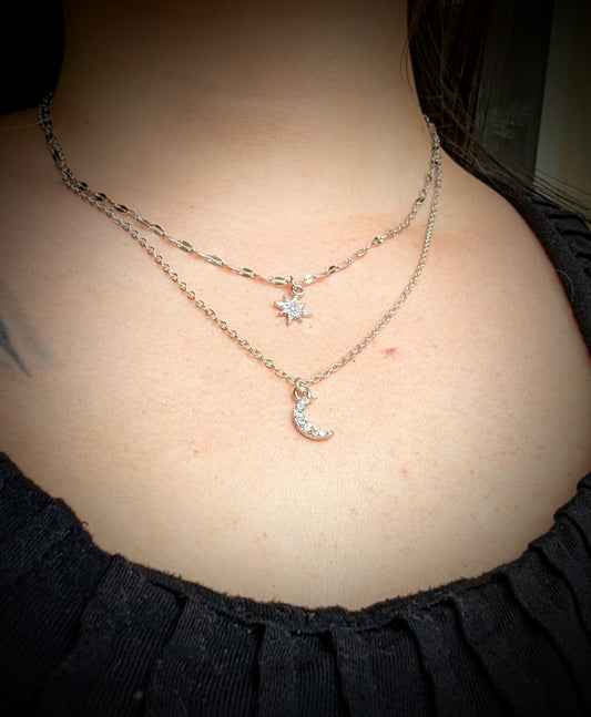 Silverlight |Dainty Crescent Moon & Star Necklace | Celestial Layered Jewelry